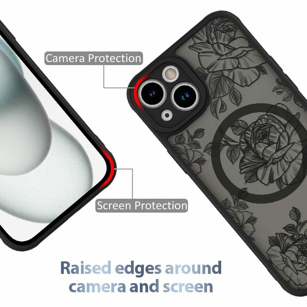 AIGOMARA Case for iPhone 15 Plus [Compatible with MagSafe] Black Flower Floral