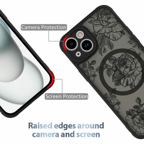 AIGOMARA Case for iPhone 15 Plus [Compatible with MagSafe] Black Flower Floral