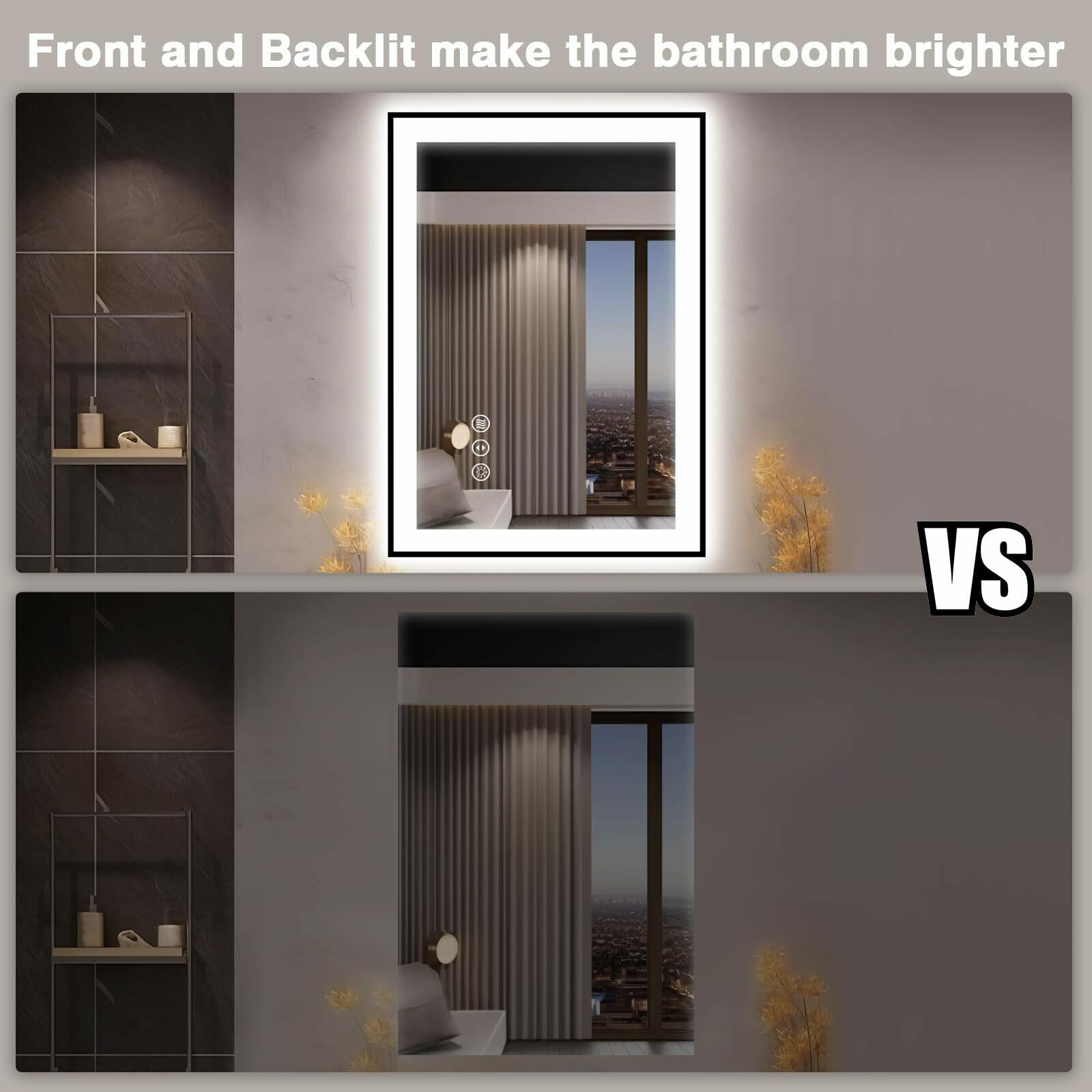 EchosLife 28x36 LED Bathroom Mirror for Wall -Black Aluminum Framed (Front and
