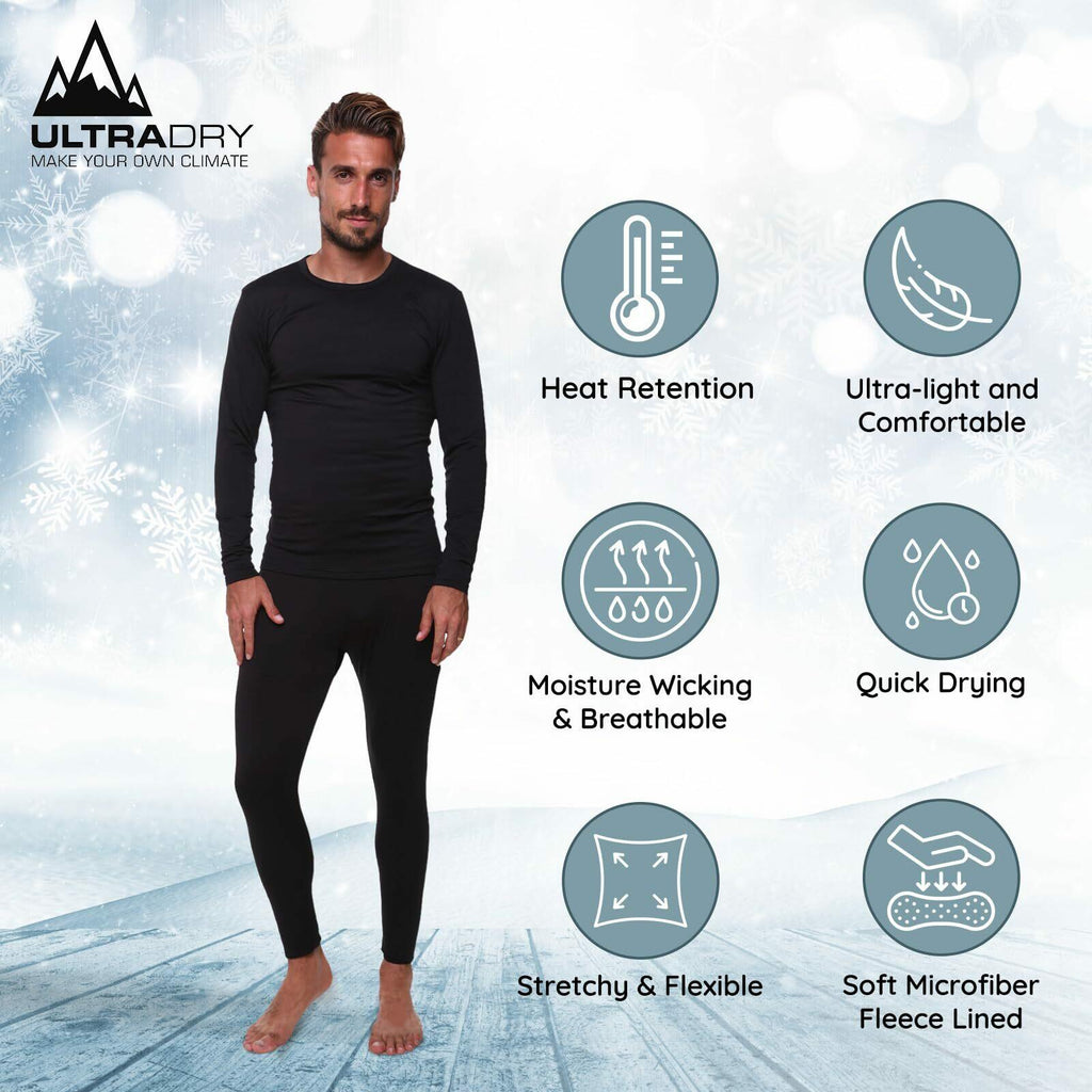 Men's Thermal Set, Lightweight Ultra Soft Fleece Shirt and Pants,Black,Large