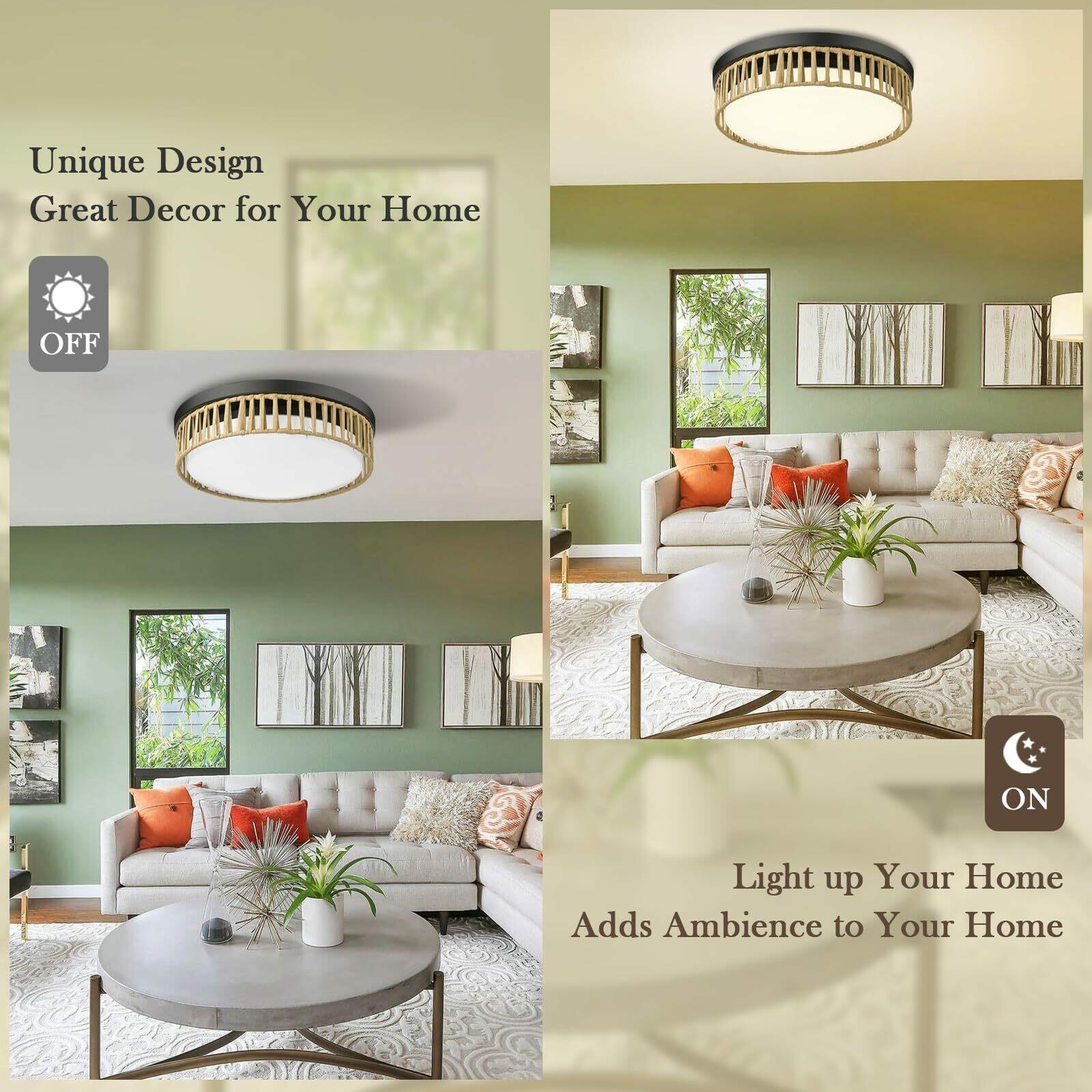 Luminzone 15'' LED Rattan Ceiling Light, 22W Farmhouse Flush Mount Ceiling Light