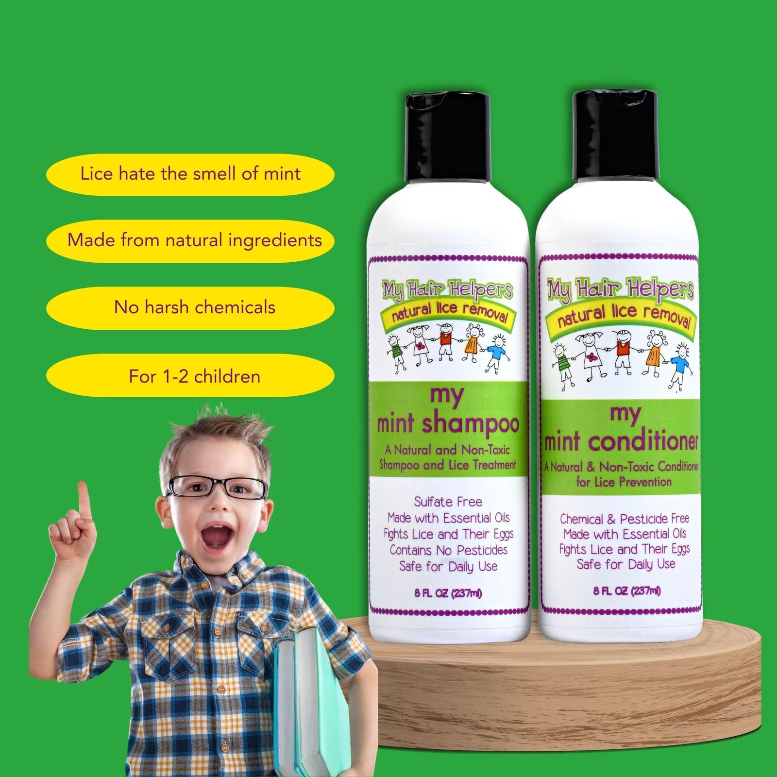 My Hair Helpers Anti Lice Shampoo and Conditioner Set for Kids, Mint, Neem,