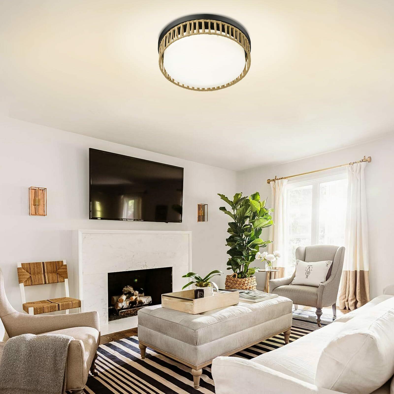 Luminzone 15'' LED Rattan Ceiling Light, 22W Farmhouse Flush Mount Ceiling Light