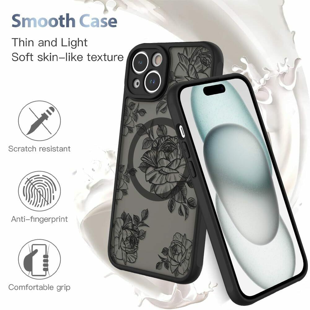 AIGOMARA Case for iPhone 15 Plus [Compatible with MagSafe] Black Flower Floral