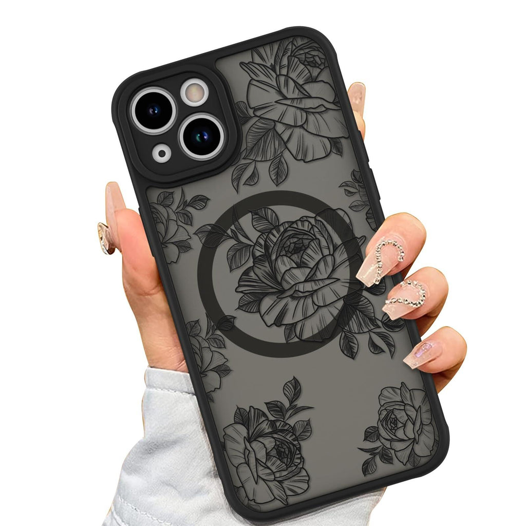 AIGOMARA Case for iPhone 15 Plus [Compatible with MagSafe] Black Flower Floral