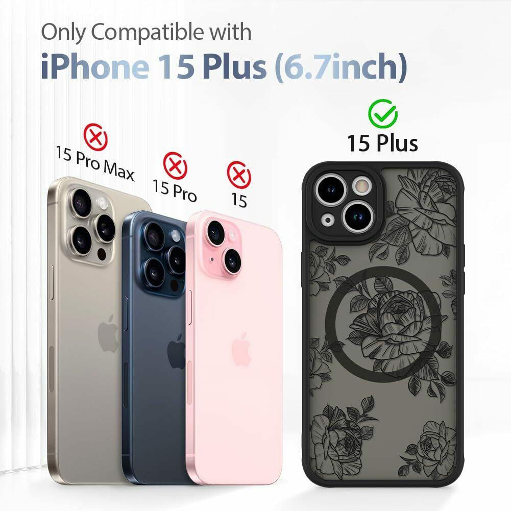 AIGOMARA Case for iPhone 15 Plus [Compatible with MagSafe] Black Flower Floral