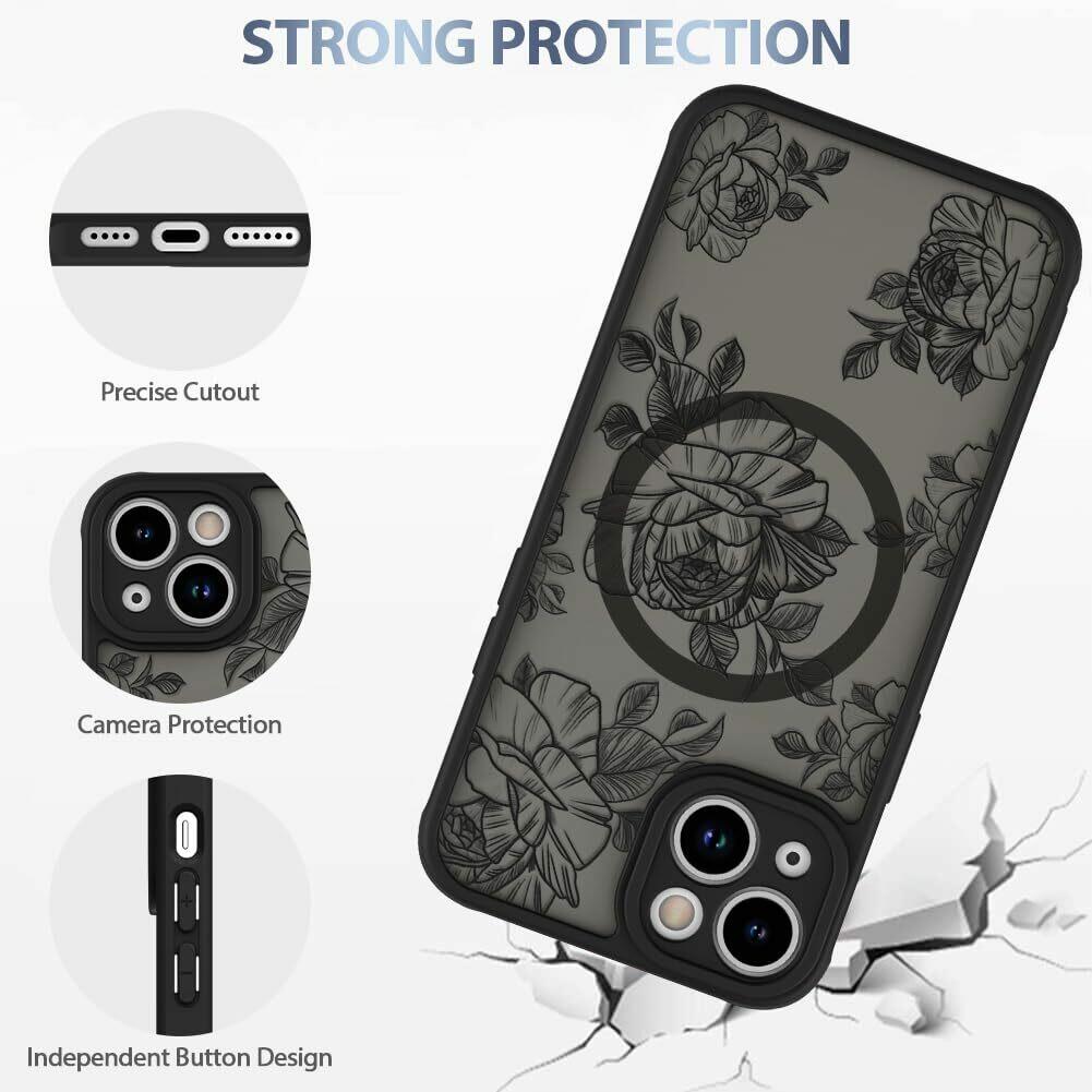 AIGOMARA Case for iPhone 15 Plus [Compatible with MagSafe] Black Flower Floral