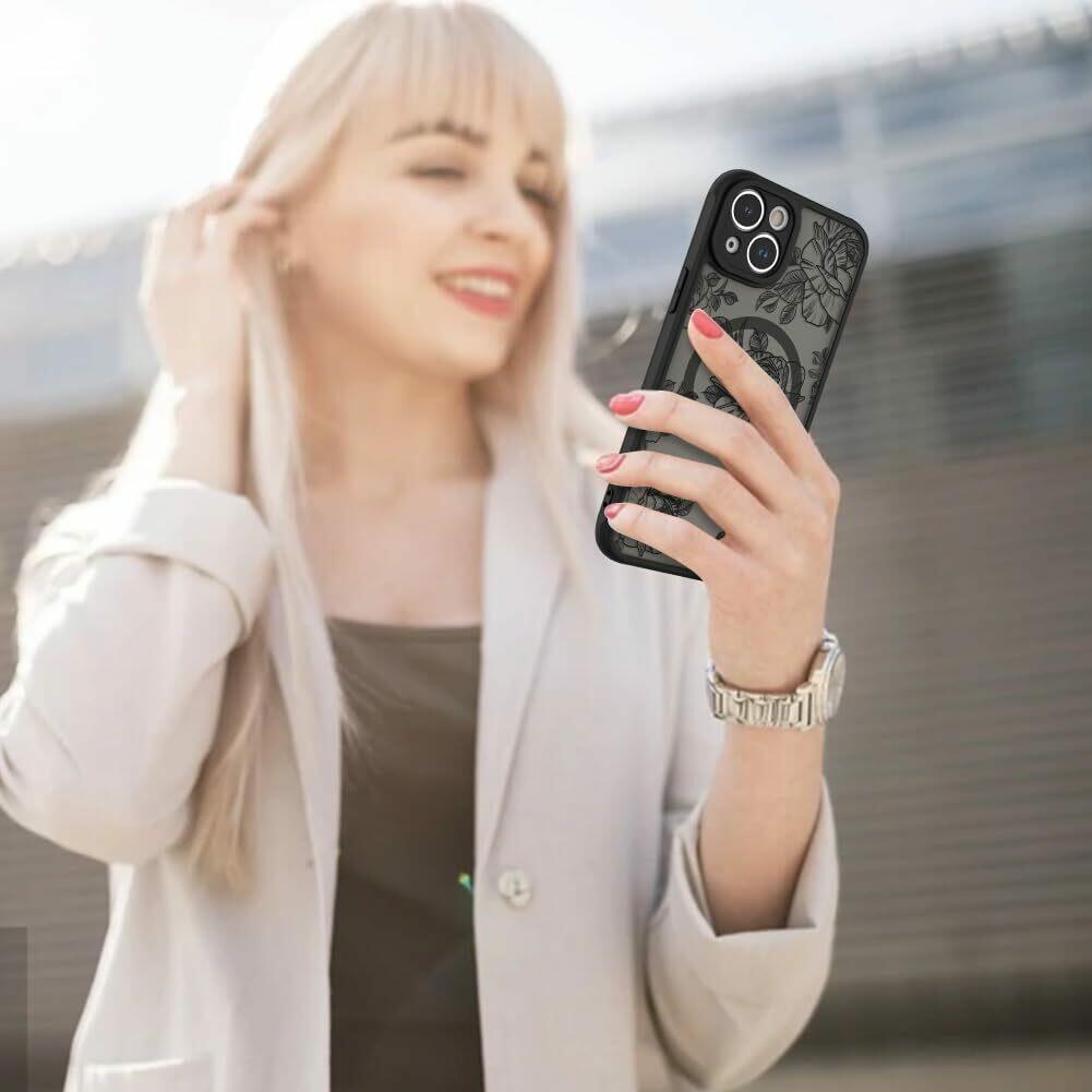 AIGOMARA Case for iPhone 15 Plus [Compatible with MagSafe] Black Flower Floral