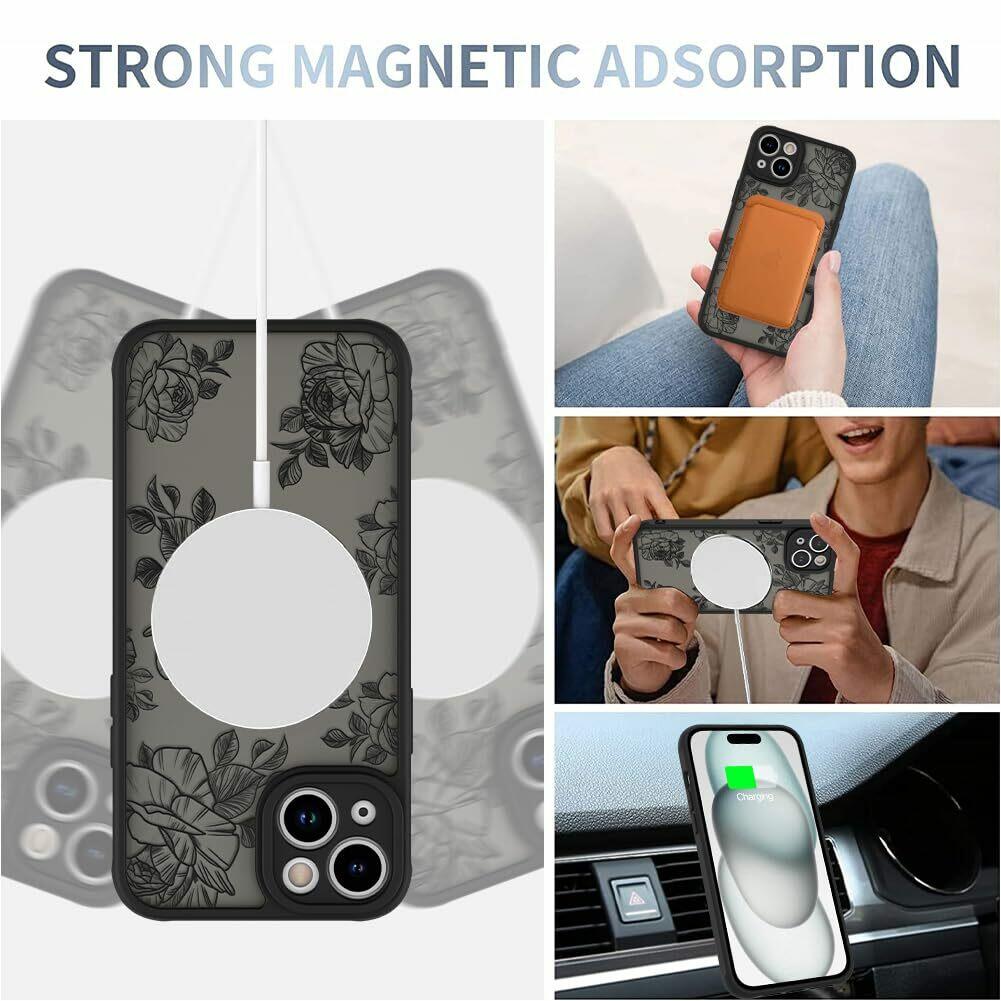 AIGOMARA Case for iPhone 15 Plus [Compatible with MagSafe] Black Flower Floral