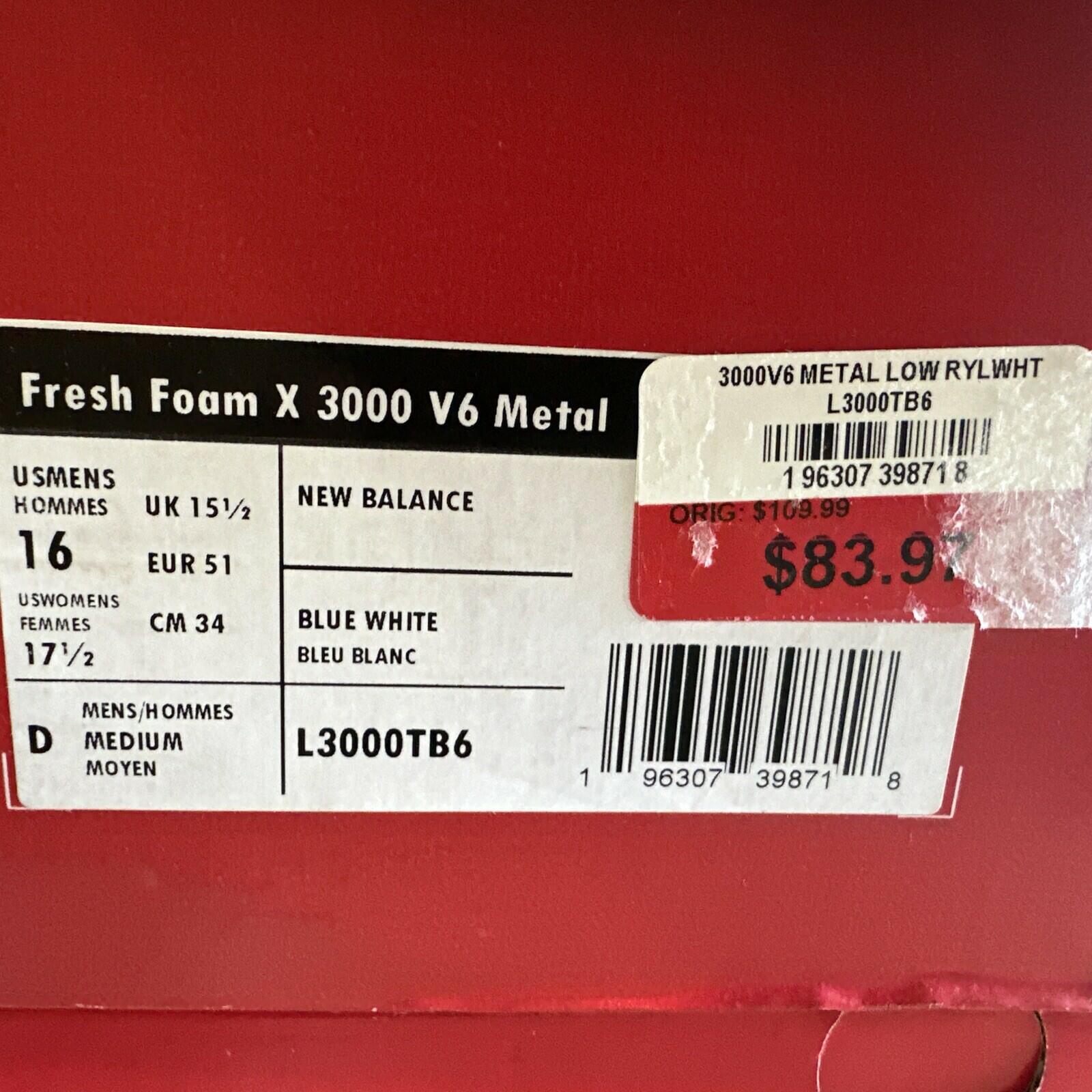 New Balance Fresh Foam X 3000 v6 L3000TB6 Baseball Metal Cleats Mens Sz 16 Blue