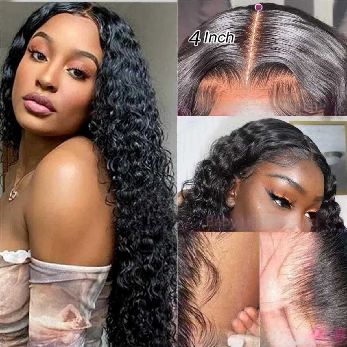 Tzihaano 4x4 HD Transparent Lace Frontal Wigs Human Hair Natural Black Color