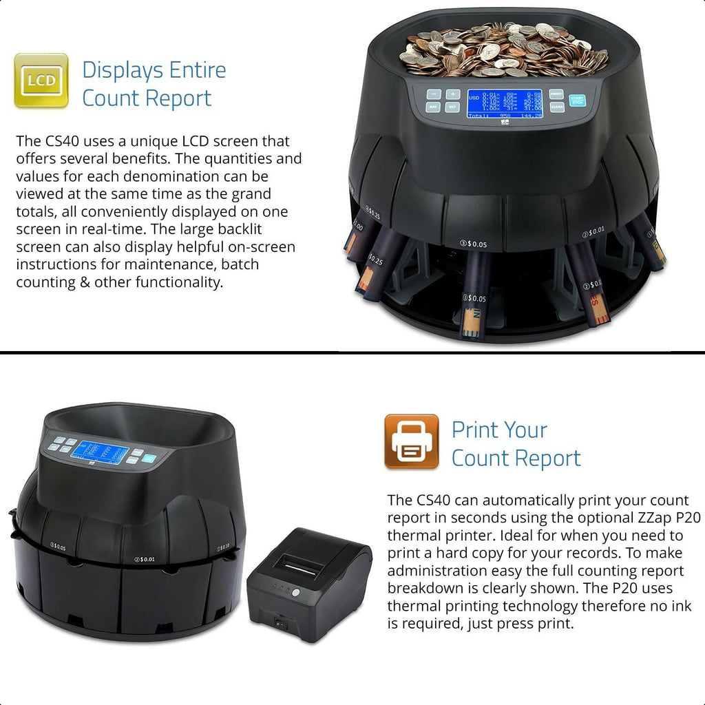ZZap CS40 Coin Counter, Sorter and Roller - Money Cash Currency Machine