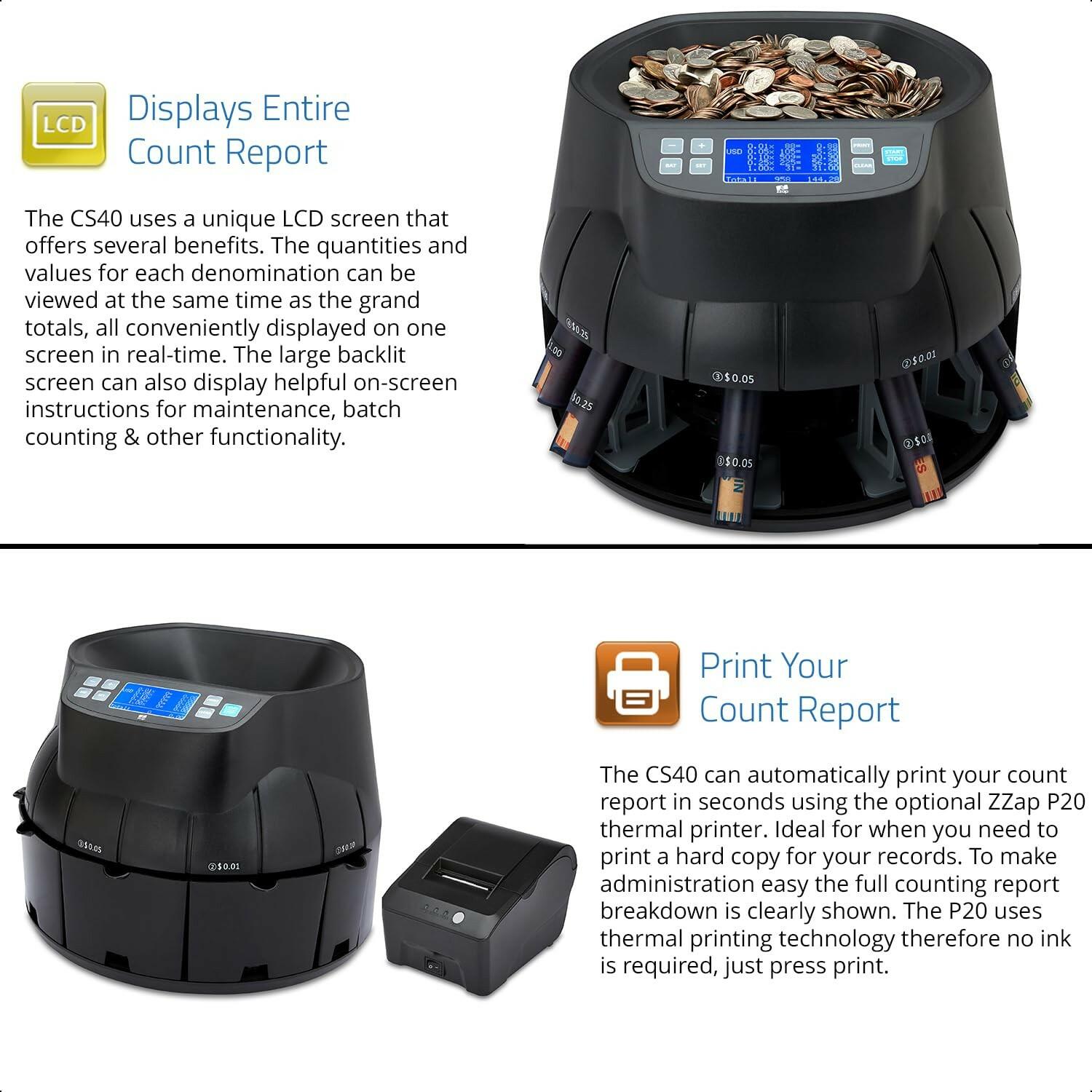 ZZap CS40 Coin Counter, Sorter and Roller - Money Cash Currency Machine