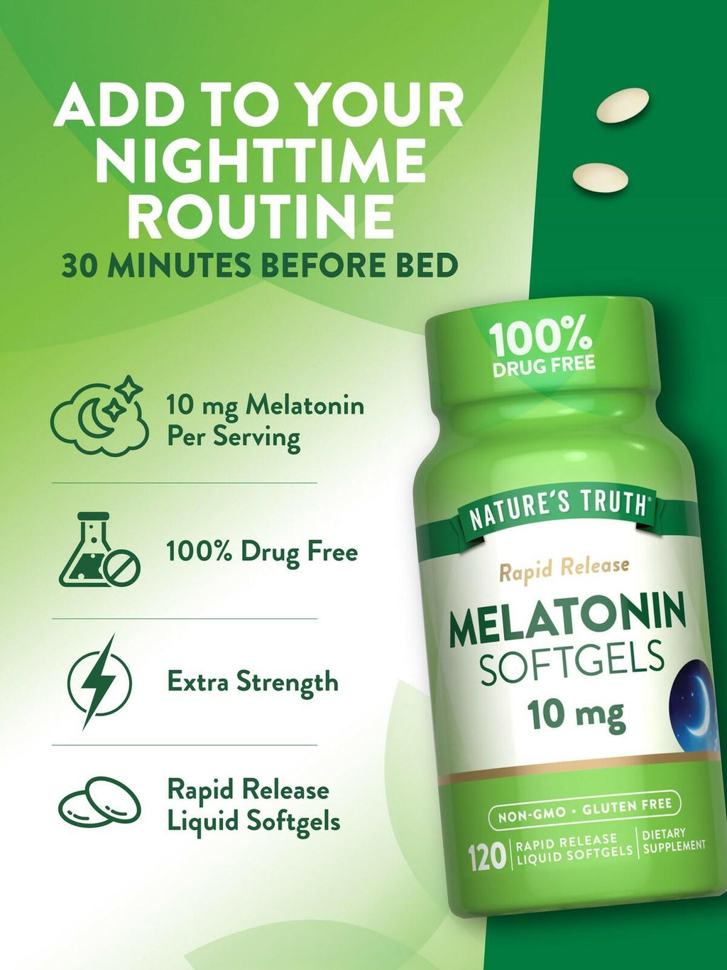 Nature's Truth Melatonin 10mg | Rapid Release Liquid Softgels | 120 Count |