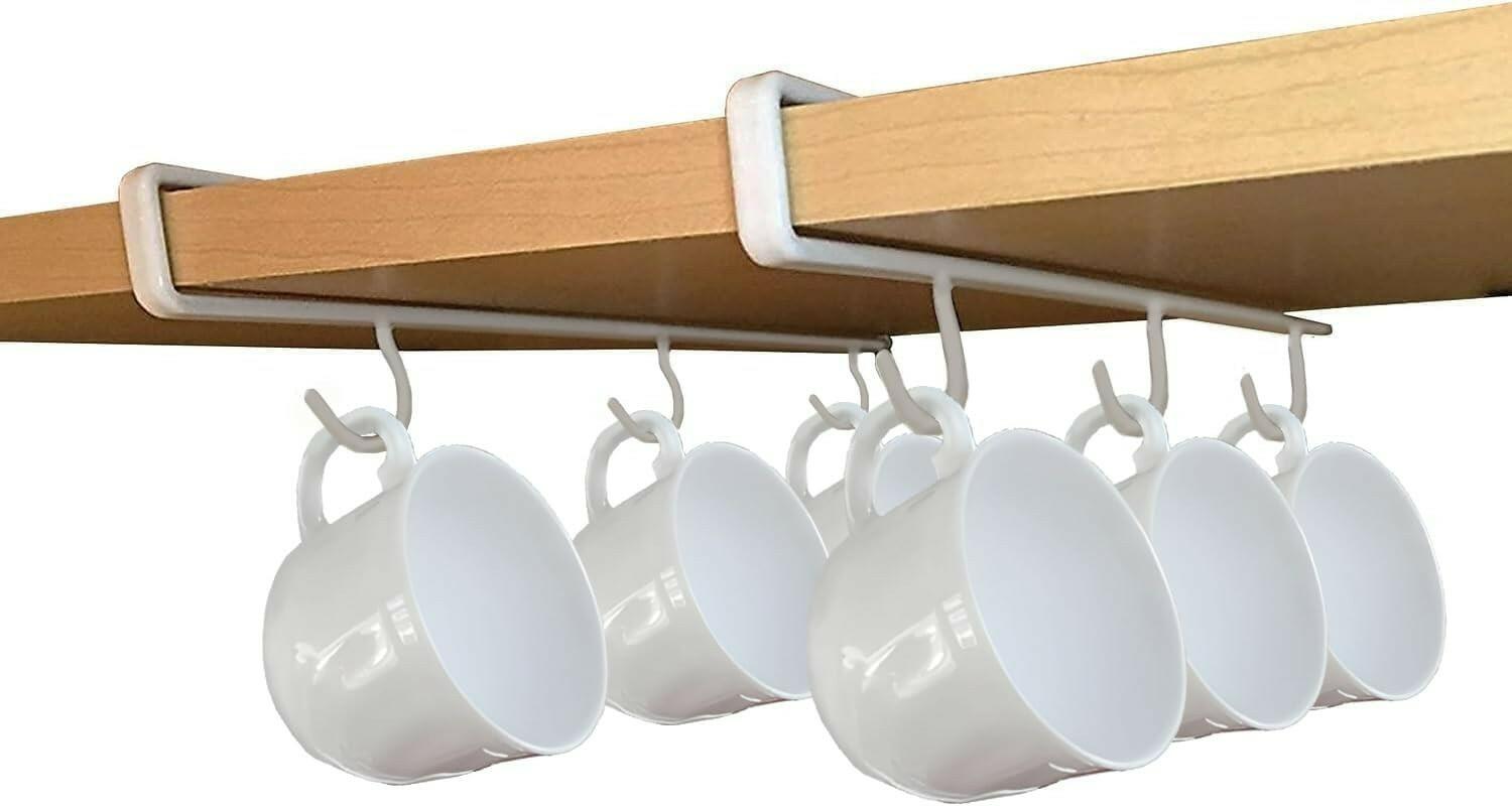 Better Houseware Under-Shelf Coffee Mug Holder Rack 6 Hooks White Set of 2