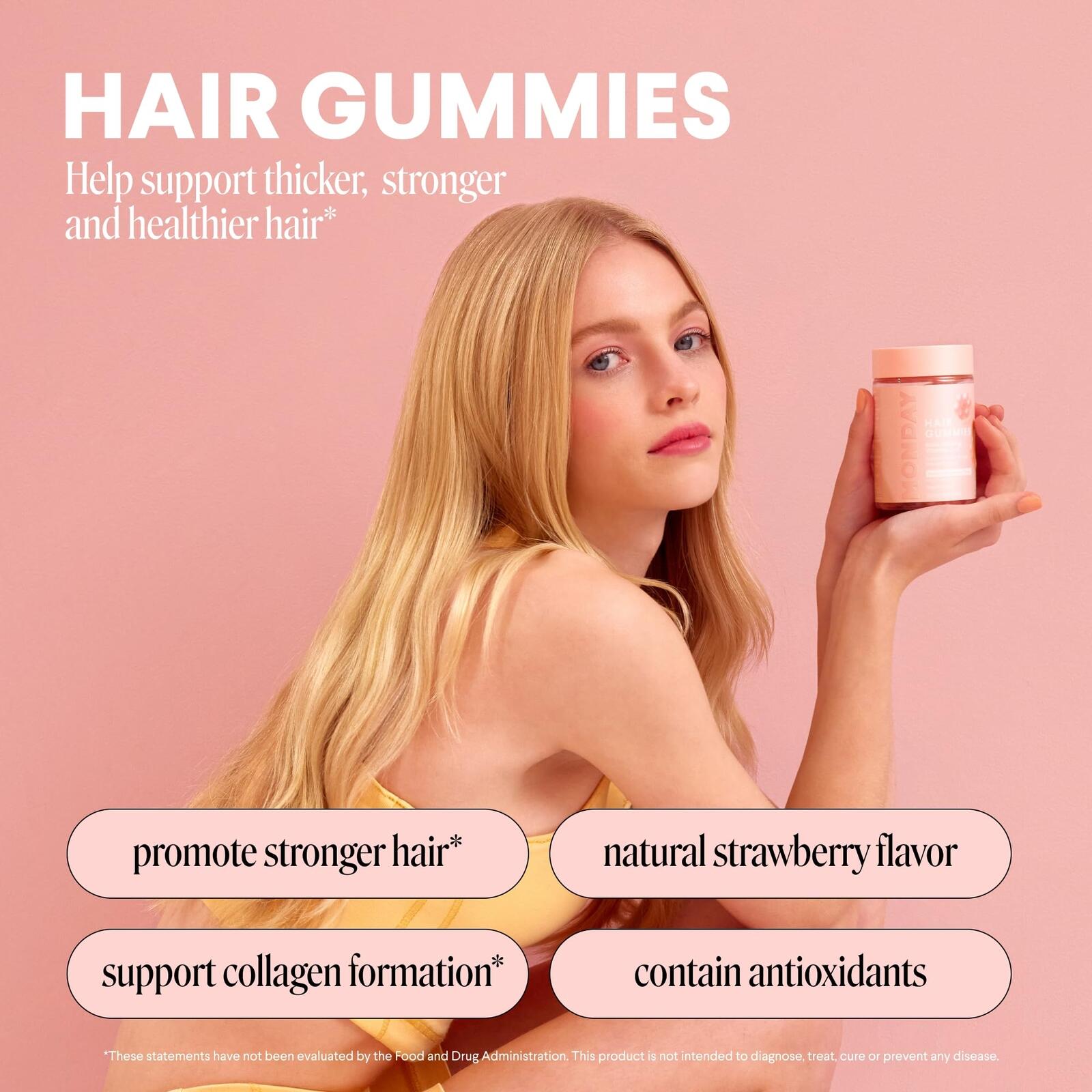 MONDAY HAIRCARE Hair Gummies for Thicker and Stronger Hair (60 Count) Strawberry