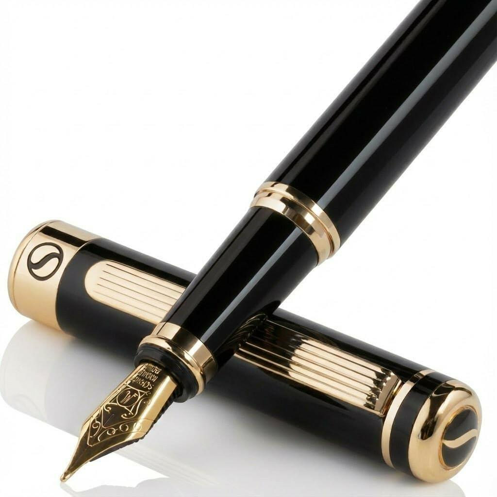 Scriveiner Luxury Fountain Pen - Stunning Black Lacquer Pen, Real Gold Finish, S
