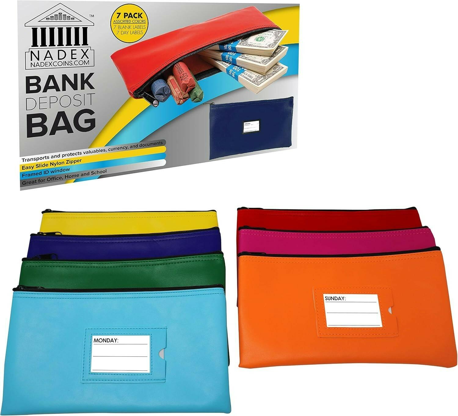 Nadex 7 Day Neon Bank Deposit Cash and Coin Pouches, Money Bags with Framed Card