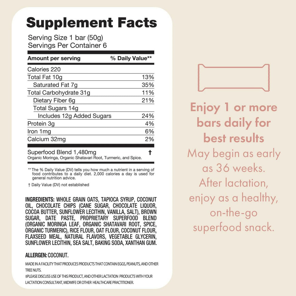 Boobie Bar Superfood Oatmeal Chocolate Chip Lactation Bar for Breastfeeding Moms