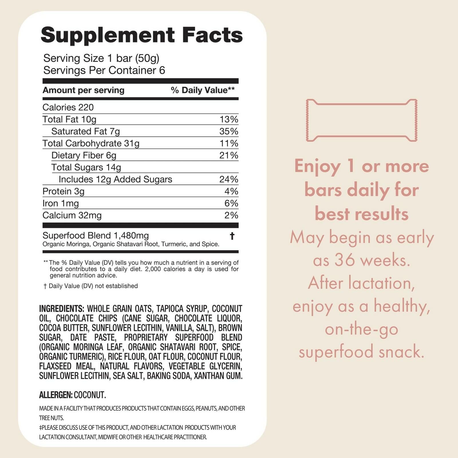 Boobie Bar Superfood Oatmeal Chocolate Chip Lactation Bar for Breastfeeding Moms