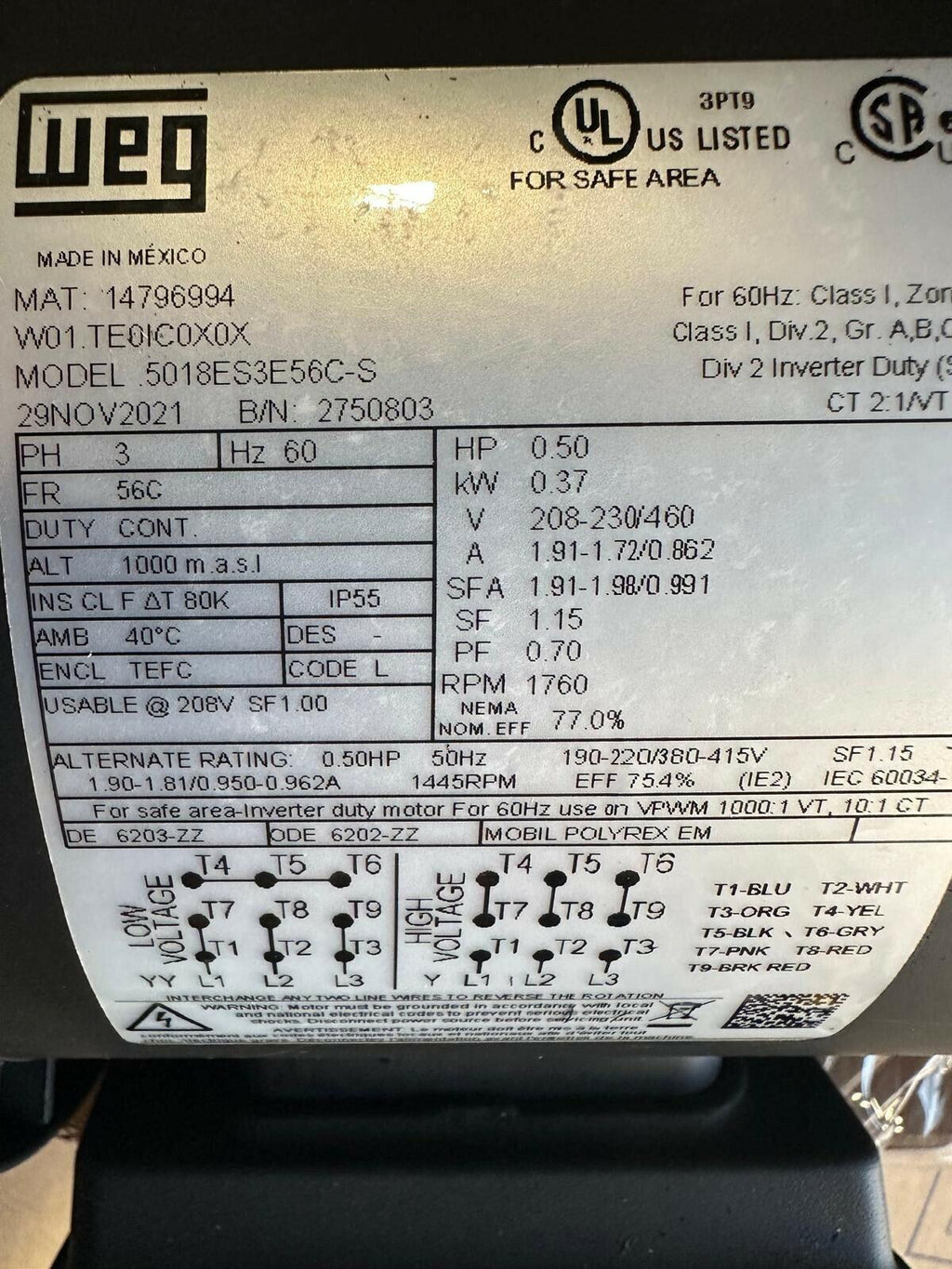 WEG 5018ES3E56C-S WEGMOTOR MOTOR 0.5HP 4P 56C WCF2