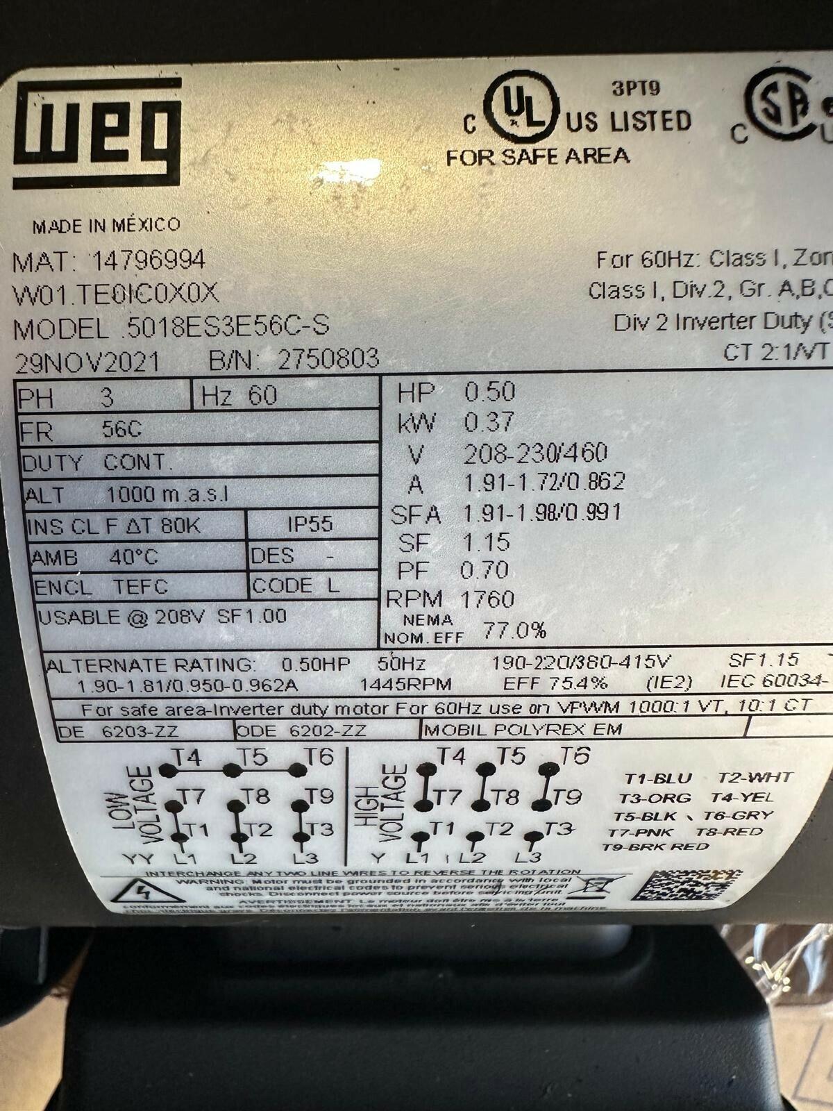 WEG 5018ES3E56C-S WEGMOTOR MOTOR 0.5HP 4P 56C WCF2