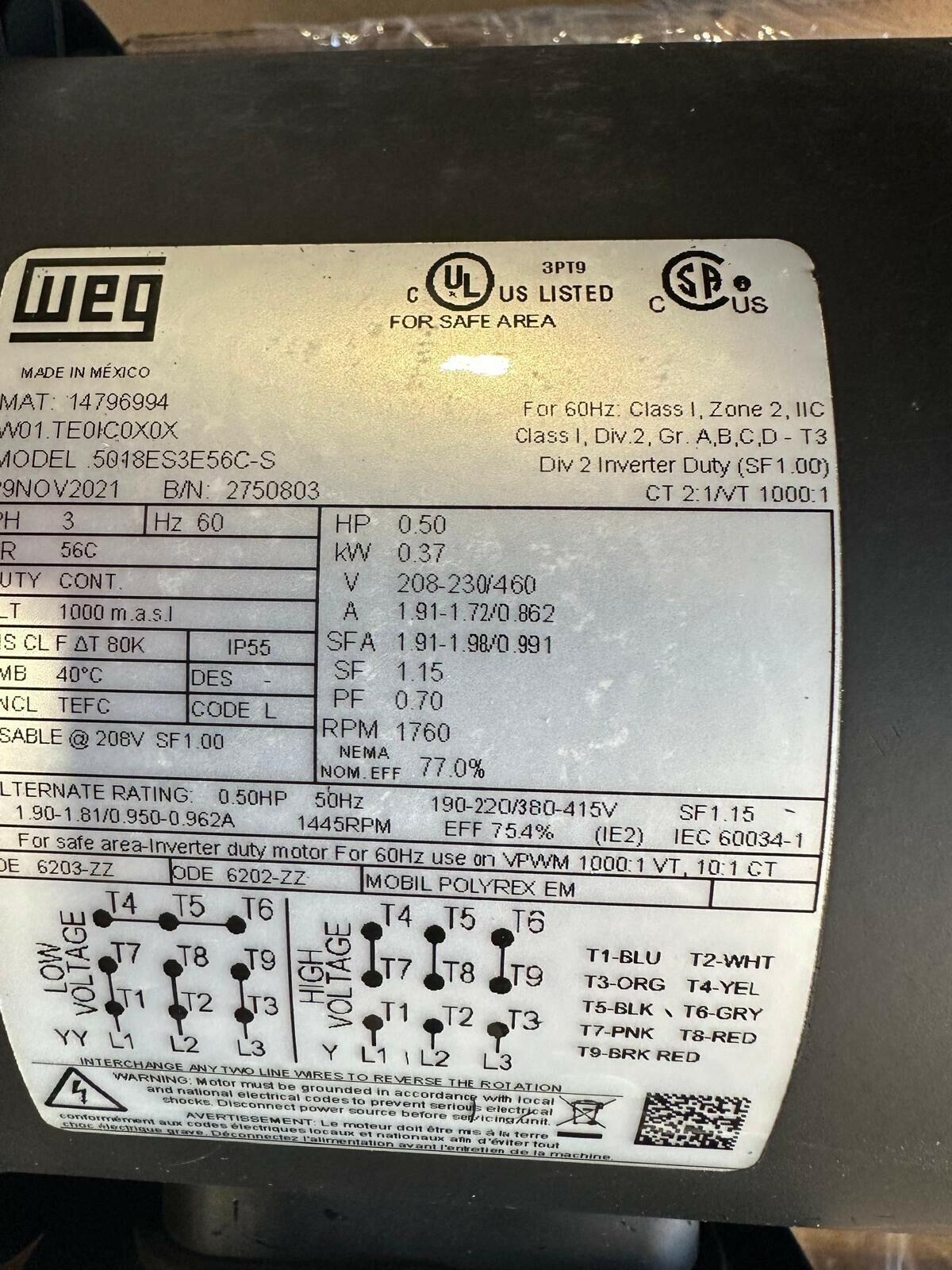 WEG 5018ES3E56C-S WEGMOTOR MOTOR 0.5HP 4P 56C WCF2