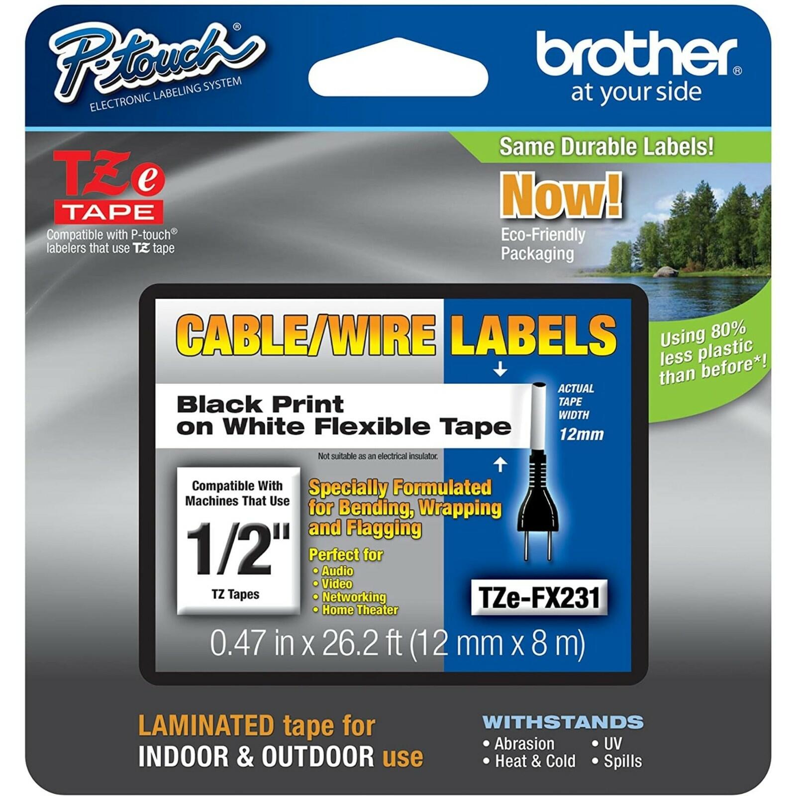 Brother TZEFX231CS P-Touch 1/2" Black print on White Flexible Industrial Tape