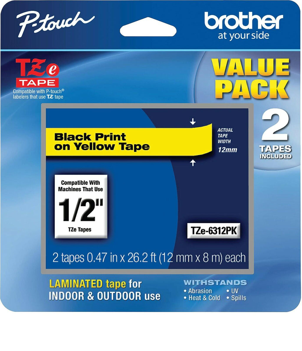 Brother Genuine P-Touch, TZe-6312Pk Tape ½” (12mm) 2-Pack Laminated P-Touch