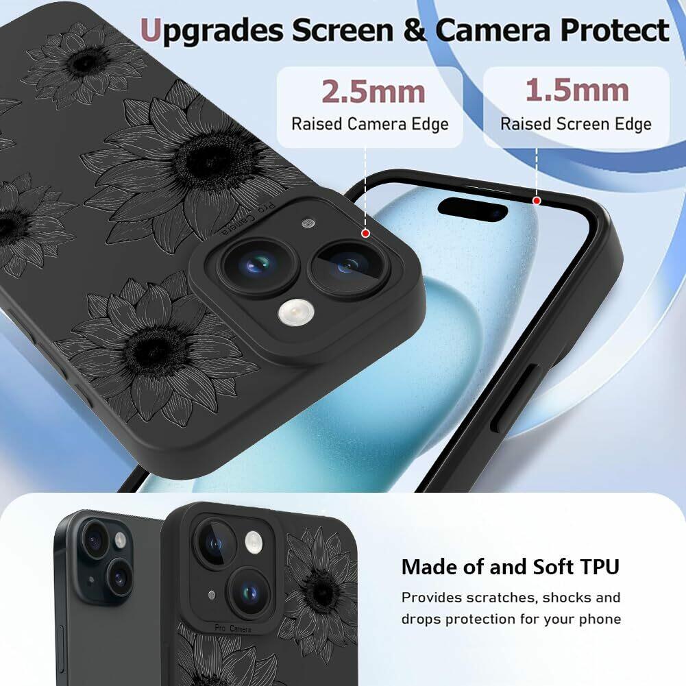 OOK Floral case for iPhone 15 Case, Cute Sunflower Floral Blooms Design Soft TPU