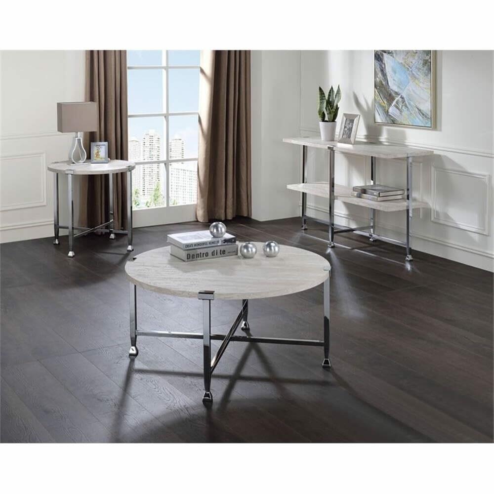 Acme Brecon Round Wooden Top Coffee Table in White Oak and Chrome