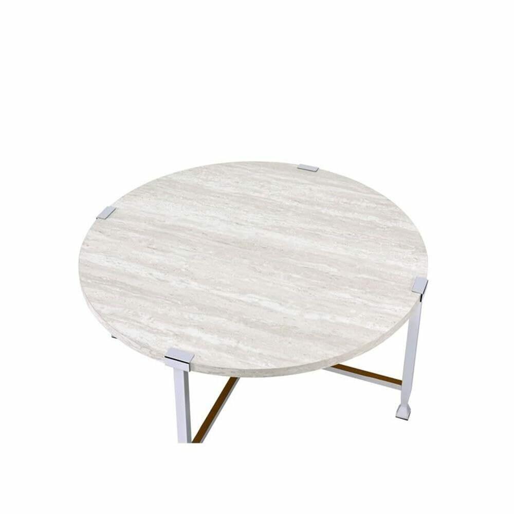 Acme Brecon Round Wooden Top Coffee Table in White Oak and Chrome