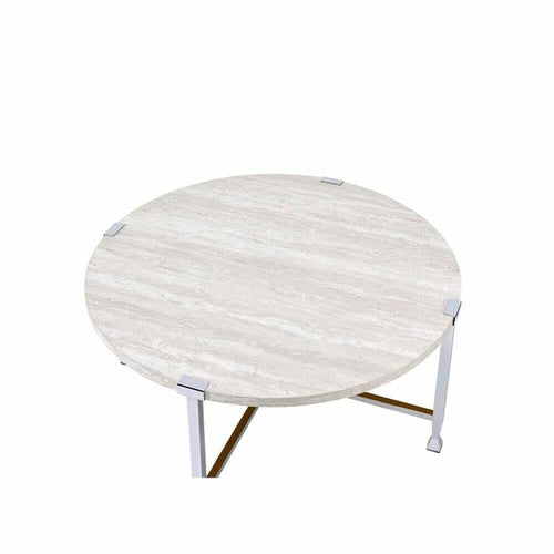 Acme Brecon Round Wooden Top Coffee Table in White Oak and Chrome