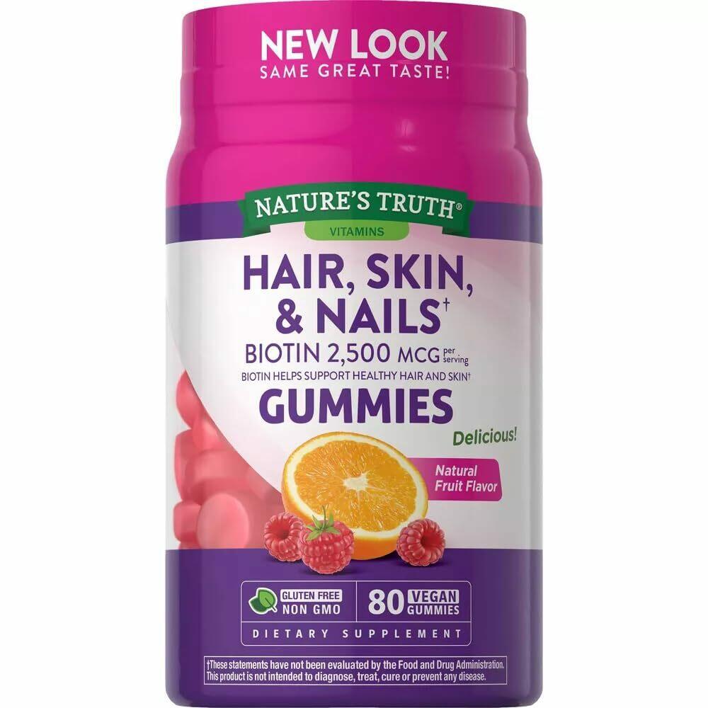 Nature's Truth Hair, Skin & Nails Gummies 2500 mcg Biotin Fruit Flavor - 80 ct,