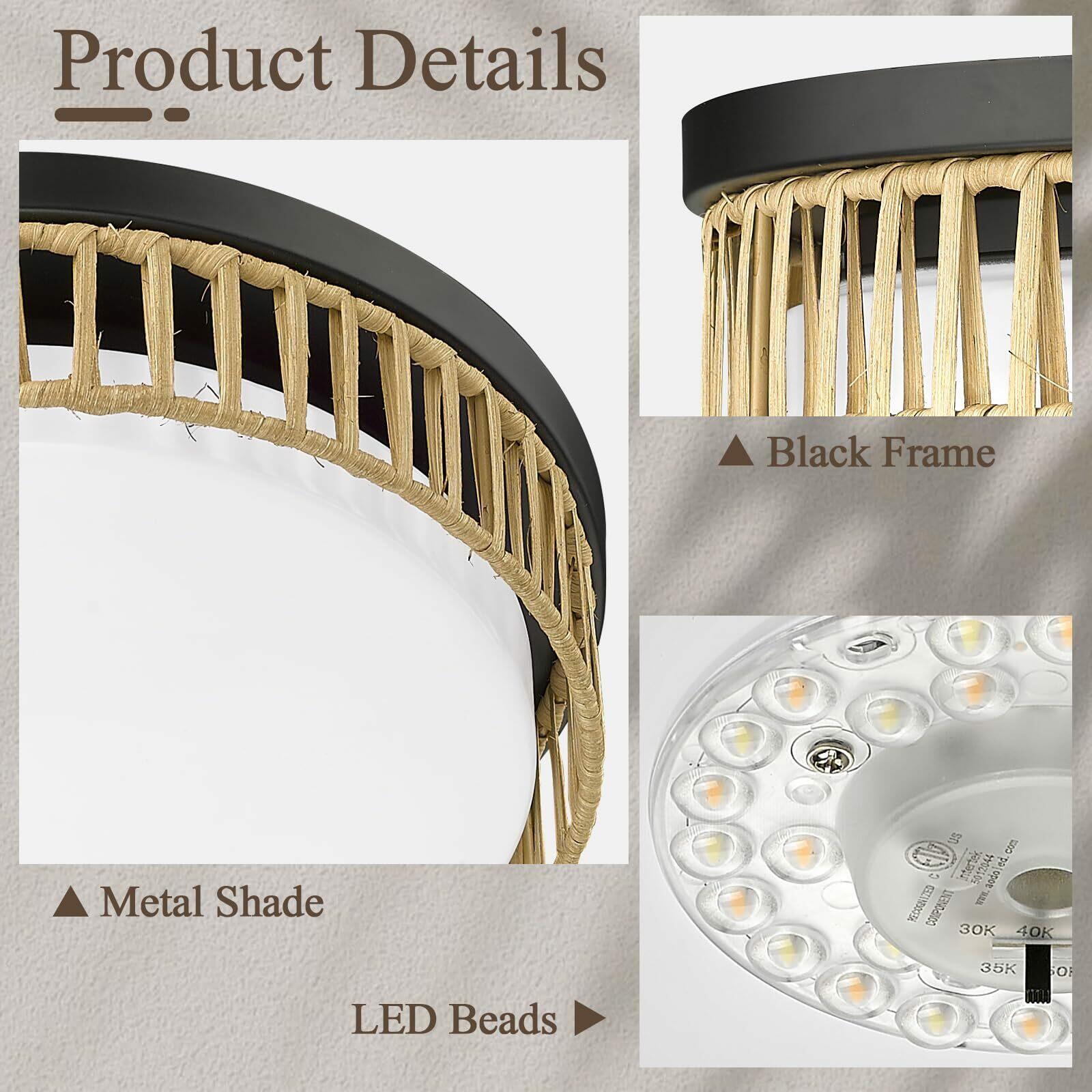 Luminzone 15'' LED Rattan Ceiling Light, 22W Farmhouse Flush Mount Ceiling Light