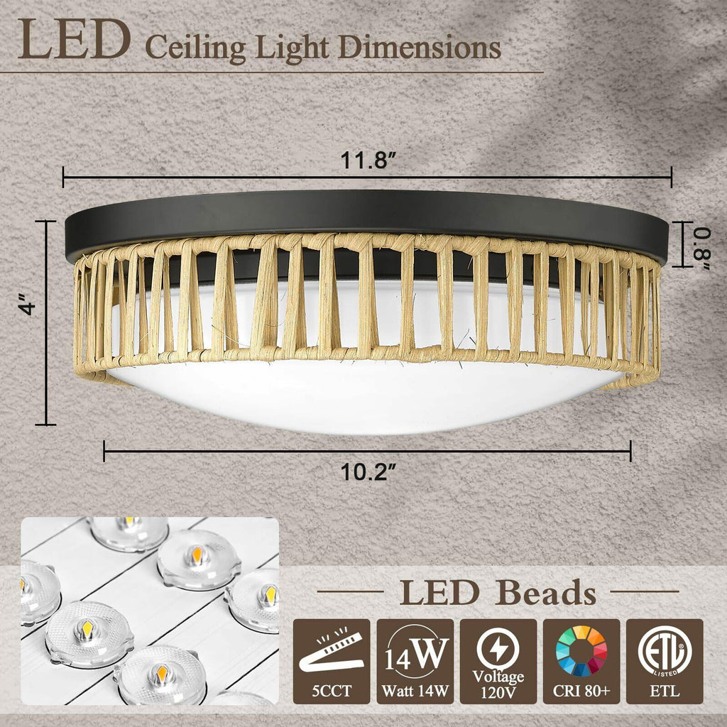 Luminzone 15'' LED Rattan Ceiling Light, 22W Farmhouse Flush Mount Ceiling Light
