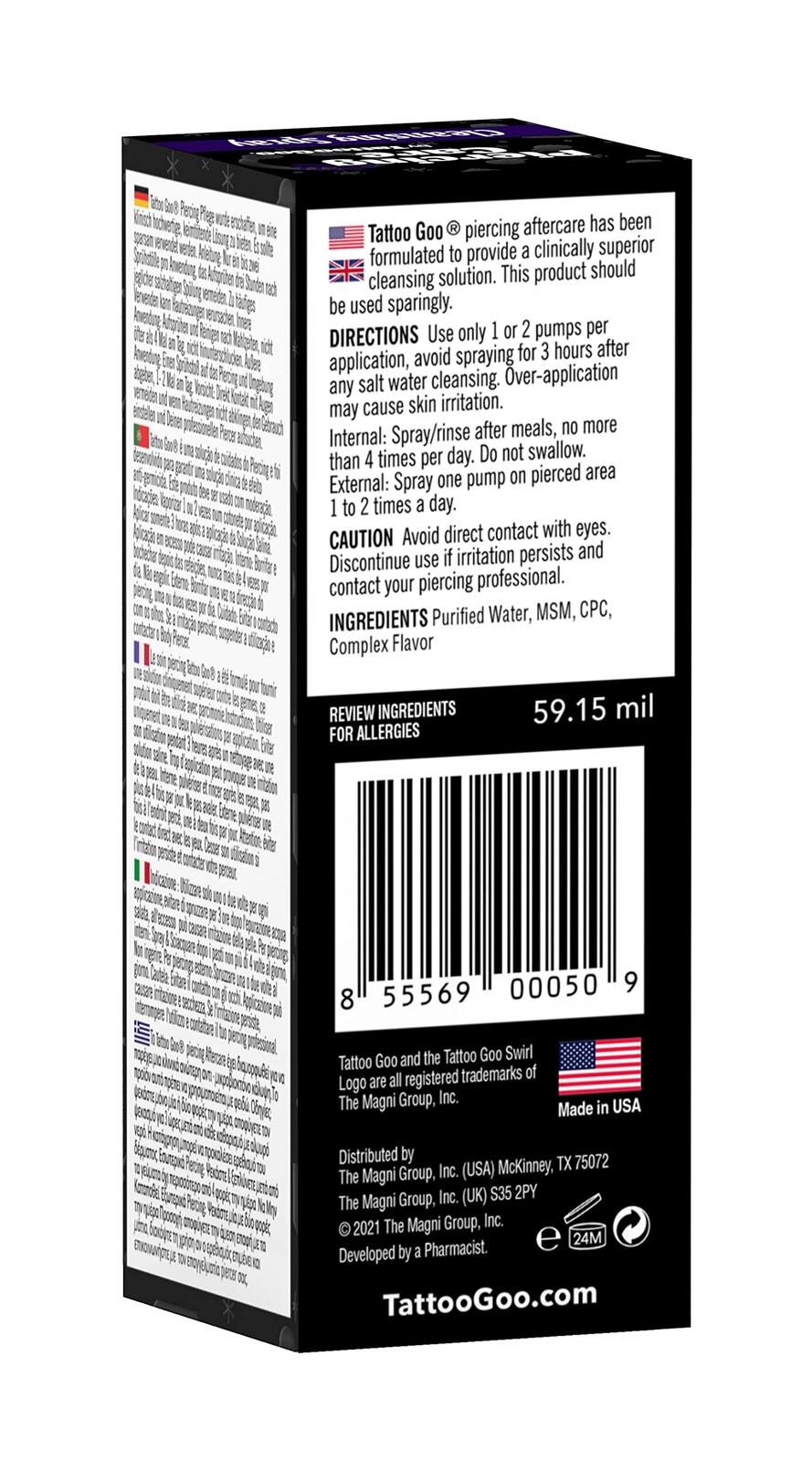 Tattoo Goo Piercing Care Cleansing Spray, Piercing Aftercare Spray, Antiseptic