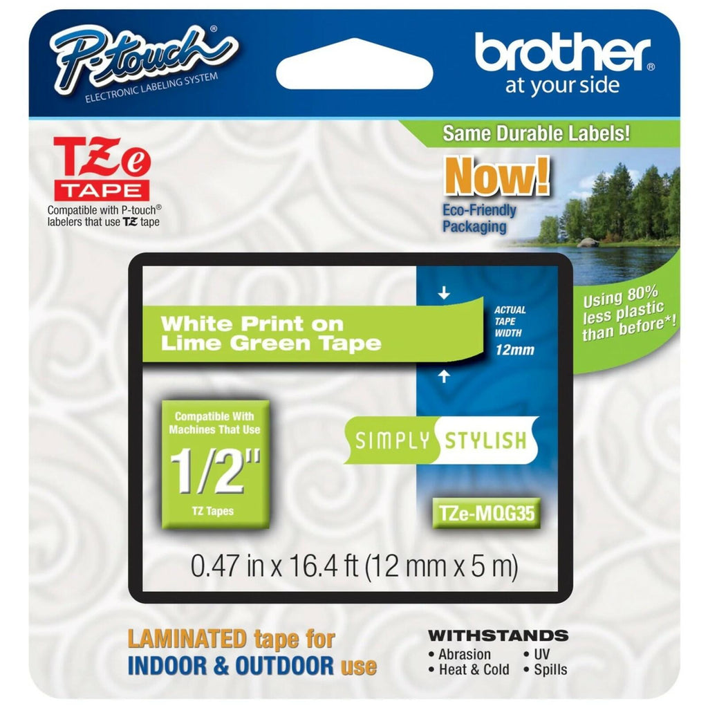 Brother Genuine P-Touch TZE-MQG35 Tape, 1/2" (0.47") Laminated White on Lime