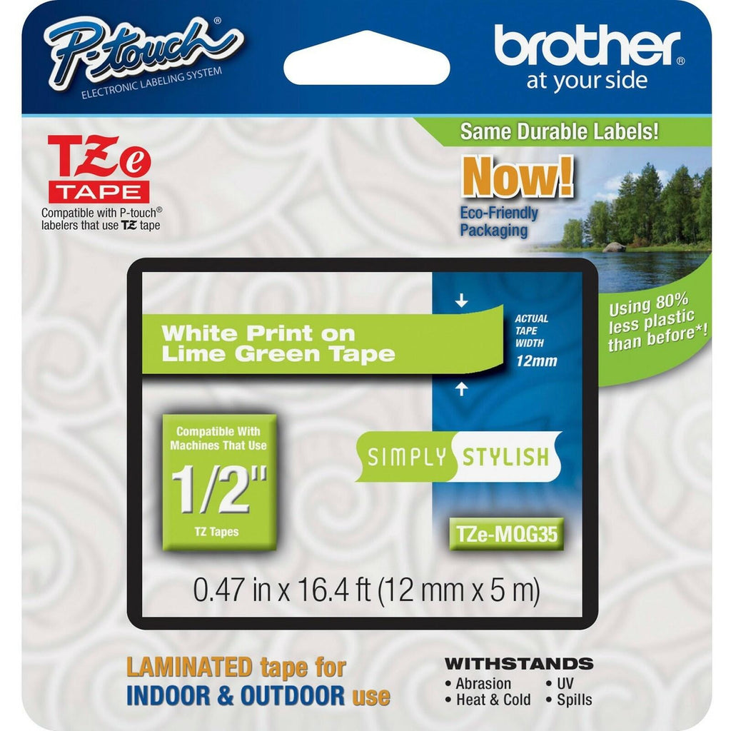 Brother Genuine P-Touch TZE-MQG35 Tape, 1/2" (0.47") Laminated White on Lime