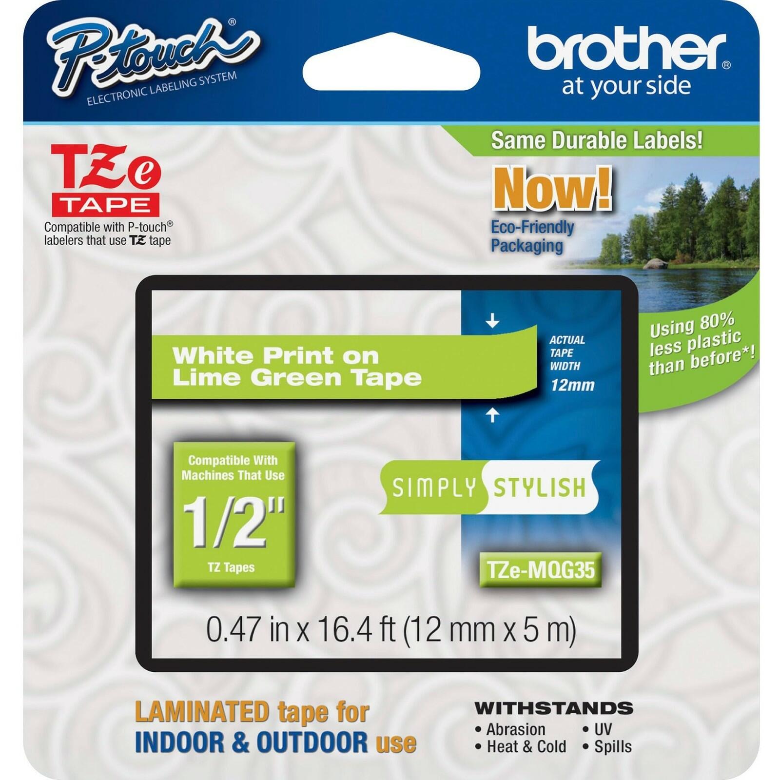 Brother Genuine P-Touch TZE-MQG35 Tape, 1/2" (0.47") Laminated White on Lime