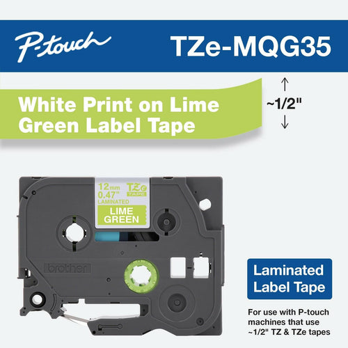 Brother Genuine P-Touch TZE-MQG35 Tape, 1/2" (0.47") Laminated White on Lime