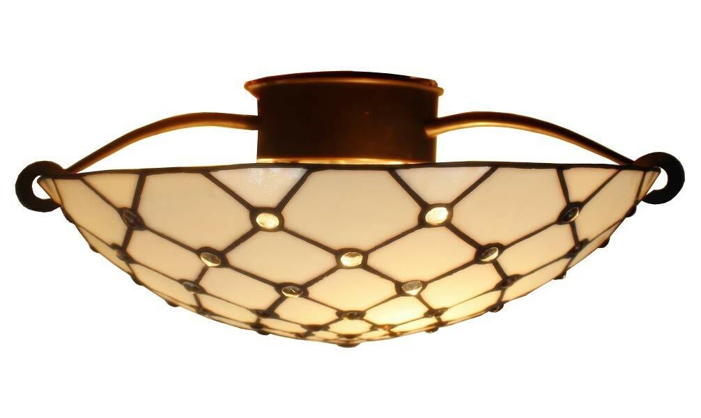 Tiffany Style Ceiling Fixture Lamp Jeweled 17" Wide Stained Glass White Cream
