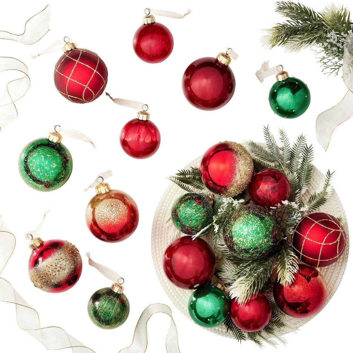 Mercasia 18Pieces Hand Decorated Glass Ornaments in Red and Green